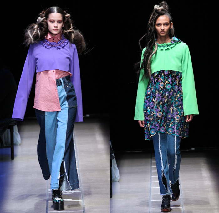 Murral 2017-2018 Fall Winter Womens Runway Catwalk Looks - Amazon Fashion Week Tokyo Japan AmazonFWT - Neck Ruffle Cardigan Blouse Long Sleeve Shirt Plaid Tartan Check Mix Match Mash Up Cutout Knees Crop Top Midriff Colorblock Half Split Flowers Floral Lace Embroidery Maxi Dress Plush Fur Shearling Turtleneck Lace Up Stripes Velour Velvet Ornamental Decorative Art Wide Leg Trousers Palazzo Pants Sleepwear Pajamas Lounge Hearts Embroidery Denim Jeans Oversized Outerwear Coat  Boots Socks Hair Extensions Newspaperboy Applejack Hat Flat Cap