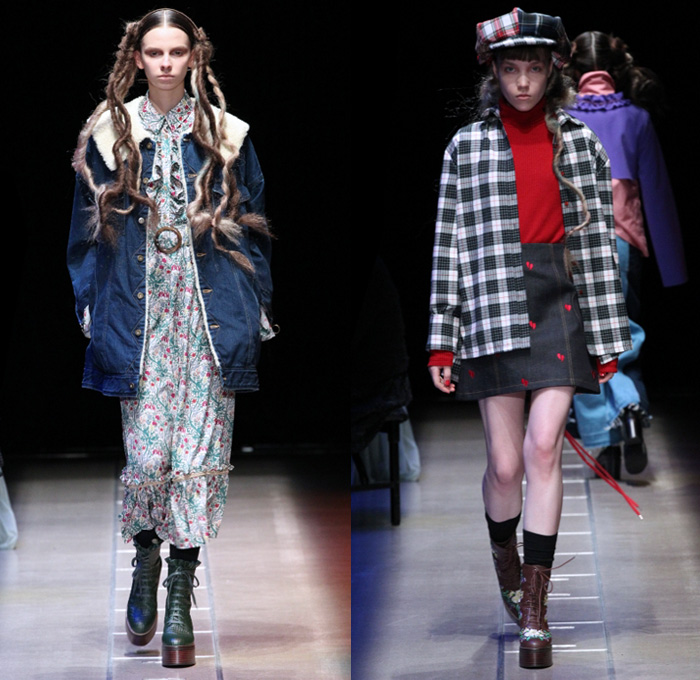 Murral 2017-2018 Fall Winter Womens Runway Catwalk Looks - Amazon Fashion Week Tokyo Japan AmazonFWT - Neck Ruffle Cardigan Blouse Long Sleeve Shirt Plaid Tartan Check Mix Match Mash Up Cutout Knees Crop Top Midriff Colorblock Half Split Flowers Floral Lace Embroidery Maxi Dress Plush Fur Shearling Turtleneck Lace Up Stripes Velour Velvet Ornamental Decorative Art Wide Leg Trousers Palazzo Pants Sleepwear Pajamas Lounge Hearts Embroidery Denim Jeans Oversized Outerwear Coat  Boots Socks Hair Extensions Newspaperboy Applejack Hat Flat Cap