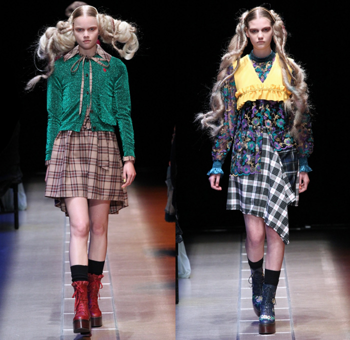 Murral 2017-2018 Fall Winter Womens Runway Catwalk Looks - Amazon Fashion Week Tokyo Japan AmazonFWT - Neck Ruffle Cardigan Blouse Long Sleeve Shirt Plaid Tartan Check Mix Match Mash Up Cutout Knees Crop Top Midriff Colorblock Half Split Flowers Floral Lace Embroidery Maxi Dress Plush Fur Shearling Turtleneck Lace Up Stripes Velour Velvet Ornamental Decorative Art Wide Leg Trousers Palazzo Pants Sleepwear Pajamas Lounge Hearts Embroidery Denim Jeans Oversized Outerwear Coat  Boots Socks Hair Extensions Newspaperboy Applejack Hat Flat Cap