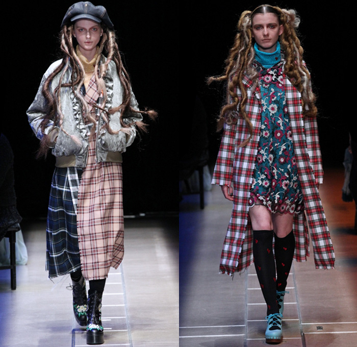 Murral 2017-2018 Fall Winter Womens Runway Catwalk Looks - Amazon Fashion Week Tokyo Japan AmazonFWT - Neck Ruffle Cardigan Blouse Long Sleeve Shirt Plaid Tartan Check Mix Match Mash Up Cutout Knees Crop Top Midriff Colorblock Half Split Flowers Floral Lace Embroidery Maxi Dress Plush Fur Shearling Turtleneck Lace Up Stripes Velour Velvet Ornamental Decorative Art Wide Leg Trousers Palazzo Pants Sleepwear Pajamas Lounge Hearts Embroidery Denim Jeans Oversized Outerwear Coat  Boots Socks Hair Extensions Newspaperboy Applejack Hat Flat Cap