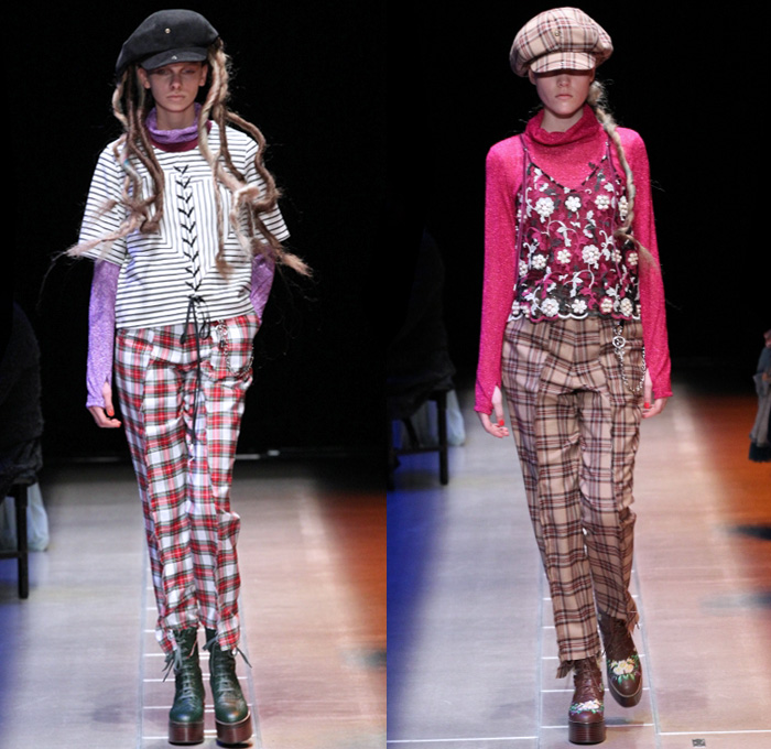 Murral 2017-2018 Fall Winter Womens Runway Catwalk Looks - Amazon Fashion Week Tokyo Japan AmazonFWT - Neck Ruffle Cardigan Blouse Long Sleeve Shirt Plaid Tartan Check Mix Match Mash Up Cutout Knees Crop Top Midriff Colorblock Half Split Flowers Floral Lace Embroidery Maxi Dress Plush Fur Shearling Turtleneck Lace Up Stripes Velour Velvet Ornamental Decorative Art Wide Leg Trousers Palazzo Pants Sleepwear Pajamas Lounge Hearts Embroidery Denim Jeans Oversized Outerwear Coat  Boots Socks Hair Extensions Newspaperboy Applejack Hat Flat Cap