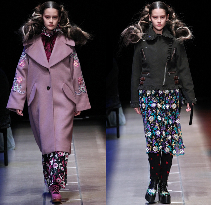 Murral 2017-2018 Fall Winter Womens Runway Catwalk Looks - Amazon Fashion Week Tokyo Japan AmazonFWT - Neck Ruffle Cardigan Blouse Long Sleeve Shirt Plaid Tartan Check Mix Match Mash Up Cutout Knees Crop Top Midriff Colorblock Half Split Flowers Floral Lace Embroidery Maxi Dress Plush Fur Shearling Turtleneck Lace Up Stripes Velour Velvet Ornamental Decorative Art Wide Leg Trousers Palazzo Pants Sleepwear Pajamas Lounge Hearts Embroidery Denim Jeans Oversized Outerwear Coat  Boots Socks Hair Extensions Newspaperboy Applejack Hat Flat Cap