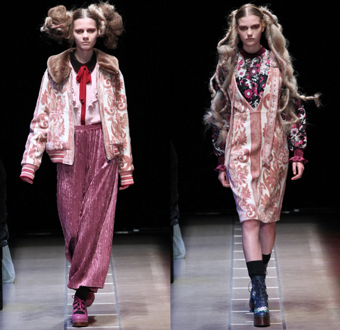 Murral 2017-2018 Fall Winter Womens Runway Catwalk Looks - Amazon Fashion Week Tokyo Japan AmazonFWT - Neck Ruffle Cardigan Blouse Long Sleeve Shirt Plaid Tartan Check Mix Match Mash Up Cutout Knees Crop Top Midriff Colorblock Half Split Flowers Floral Lace Embroidery Maxi Dress Plush Fur Shearling Turtleneck Lace Up Stripes Velour Velvet Ornamental Decorative Art Wide Leg Trousers Palazzo Pants Sleepwear Pajamas Lounge Hearts Embroidery Denim Jeans Oversized Outerwear Coat  Boots Socks Hair Extensions Newspaperboy Applejack Hat Flat Cap