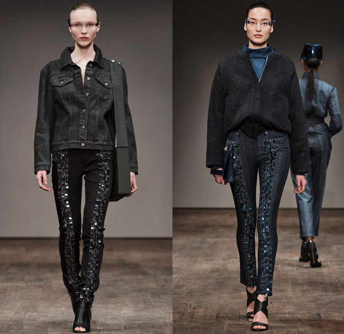 Naim Josefi 2017-2018 Fall Winter Womens Runway Catwalk Looks - Fashion Week Stockholm Sweden - Gangs Laser Printed Denim Jeans Pixel Geometric Monochrome Outerwear Peacoat Embroidery Adornments Decorated Bedazzled Sequins Paillettes Bomber Jacket Stripes Blouse Long Sleeve Shirt Cropped Pants Geometric Foil High Slit Gown Eveningwear Sheer Chiffon Boots Messenger Bag Briefcase Hat Cap Fringes