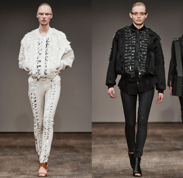 Naim Josefi 2017-2018 Fall Winter Womens Runway Catwalk Looks - Fashion Week Stockholm Sweden - Gangs Laser Printed Denim Jeans Pixel Geometric Monochrome Outerwear Peacoat Embroidery Adornments Decorated Bedazzled Sequins Paillettes Bomber Jacket Stripes Blouse Long Sleeve Shirt Cropped Pants Geometric Foil High Slit Gown Eveningwear Sheer Chiffon Boots Messenger Bag Briefcase Hat Cap Fringes