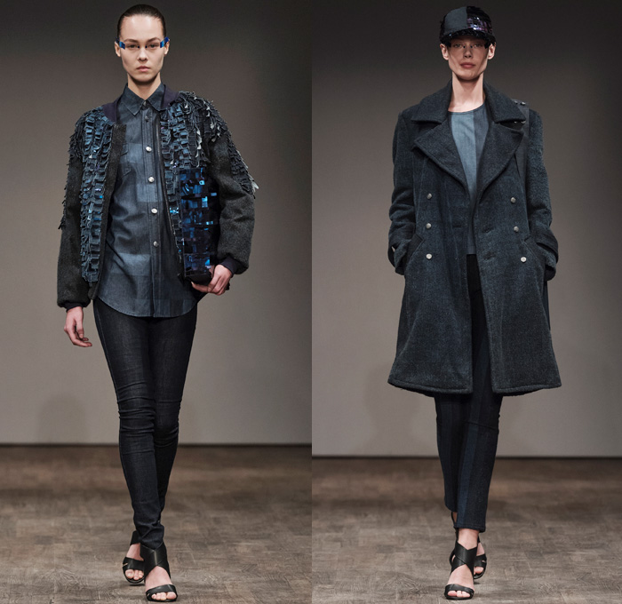 Naim Josefi 2017-2018 Fall Winter Womens Runway Catwalk Looks - Fashion Week Stockholm Sweden - Gangs Laser Printed Denim Jeans Pixel Geometric Monochrome Outerwear Peacoat Embroidery Adornments Decorated Bedazzled Sequins Paillettes Bomber Jacket Stripes Blouse Long Sleeve Shirt Cropped Pants Geometric Foil High Slit Gown Eveningwear Sheer Chiffon Boots Messenger Bag Briefcase Hat Cap Fringes