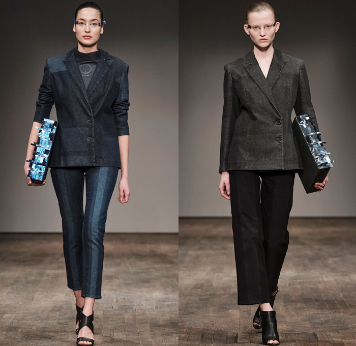 Naim Josefi 2017-2018 Fall Winter Womens Runway Catwalk Looks - Fashion Week Stockholm Sweden - Gangs Laser Printed Denim Jeans Pixel Geometric Monochrome Outerwear Peacoat Embroidery Adornments Decorated Bedazzled Sequins Paillettes Bomber Jacket Stripes Blouse Long Sleeve Shirt Cropped Pants Geometric Foil High Slit Gown Eveningwear Sheer Chiffon Boots Messenger Bag Briefcase Hat Cap Fringes