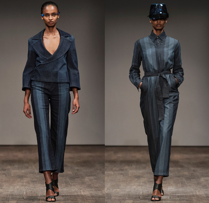 Naim Josefi 2017-2018 Fall Winter Womens Runway Catwalk Looks - Fashion Week Stockholm Sweden - Gangs Laser Printed Denim Jeans Pixel Geometric Monochrome Outerwear Peacoat Embroidery Adornments Decorated Bedazzled Sequins Paillettes Bomber Jacket Stripes Blouse Long Sleeve Shirt Cropped Pants Geometric Foil High Slit Gown Eveningwear Sheer Chiffon Boots Messenger Bag Briefcase Hat Cap Fringes