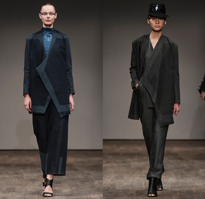 Naim Josefi 2017-2018 Fall Winter Womens Runway Catwalk Looks - Fashion Week Stockholm Sweden - Gangs Laser Printed Denim Jeans Pixel Geometric Monochrome Outerwear Peacoat Embroidery Adornments Decorated Bedazzled Sequins Paillettes Bomber Jacket Stripes Blouse Long Sleeve Shirt Cropped Pants Geometric Foil High Slit Gown Eveningwear Sheer Chiffon Boots Messenger Bag Briefcase Hat Cap Fringes