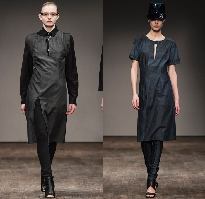 Naim Josefi 2017-2018 Fall Winter Womens Runway Catwalk Looks - Fashion Week Stockholm Sweden - Gangs Laser Printed Denim Jeans Pixel Geometric Monochrome Outerwear Peacoat Embroidery Adornments Decorated Bedazzled Sequins Paillettes Bomber Jacket Stripes Blouse Long Sleeve Shirt Cropped Pants Geometric Foil High Slit Gown Eveningwear Sheer Chiffon Boots Messenger Bag Briefcase Hat Cap Fringes