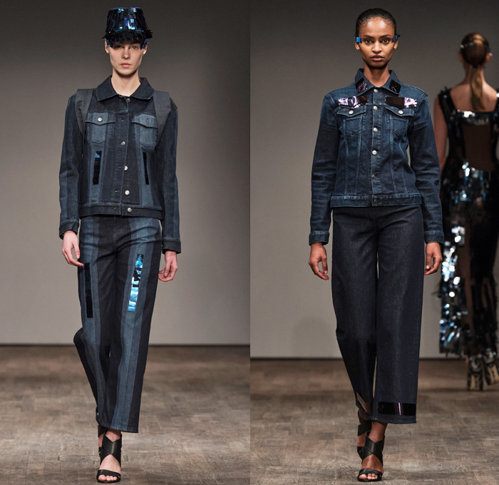 Naim Josefi 2017-2018 Fall Winter Womens Runway Catwalk Looks - Fashion Week Stockholm Sweden - Gangs Laser Printed Denim Jeans Pixel Geometric Monochrome Outerwear Peacoat Embroidery Adornments Decorated Bedazzled Sequins Paillettes Bomber Jacket Stripes Blouse Long Sleeve Shirt Cropped Pants Geometric Foil High Slit Gown Eveningwear Sheer Chiffon Boots Messenger Bag Briefcase Hat Cap Fringes