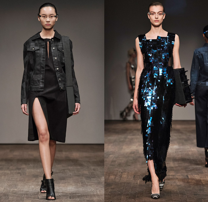 Naim Josefi 2017-2018 Fall Winter Womens Runway Catwalk Looks - Fashion Week Stockholm Sweden - Gangs Laser Printed Denim Jeans Pixel Geometric Monochrome Outerwear Peacoat Embroidery Adornments Decorated Bedazzled Sequins Paillettes Bomber Jacket Stripes Blouse Long Sleeve Shirt Cropped Pants Geometric Foil High Slit Gown Eveningwear Sheer Chiffon Boots Messenger Bag Briefcase Hat Cap Fringes