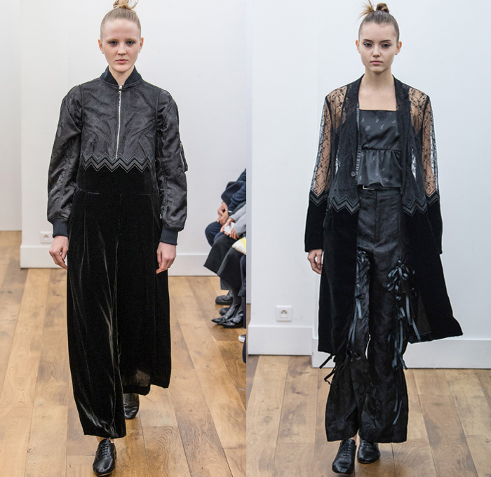 Noir Kei Ninomiya 2017-2018 Fall Autumn Winter Womens Runway Catwalk Looks - Mode à Paris Fashion Week Mode Féminin France - Scarlet Red Modular Chain Link Ring Rivet Belts Straps Mesh Lattice Plush Fur Dimensional Structural Organic Shape Sculptural Floral Flower Bud Trompe L'oeil Ruffles Zigzag Sheer Chiffon Velvet Jacquard Quilted Waffle Long Sleeve Blouse Silk Satin Accordion Pleats Skirt Frock Leggings Hanging Sleeve Oversized Outerwear Coat Bell Shape Ribbons Bomber Jacket Pinafore Dress Embroidery Decorated Bedazzled Vest Waistcoat Shawl Beetle Wings Rocket Wingsuit