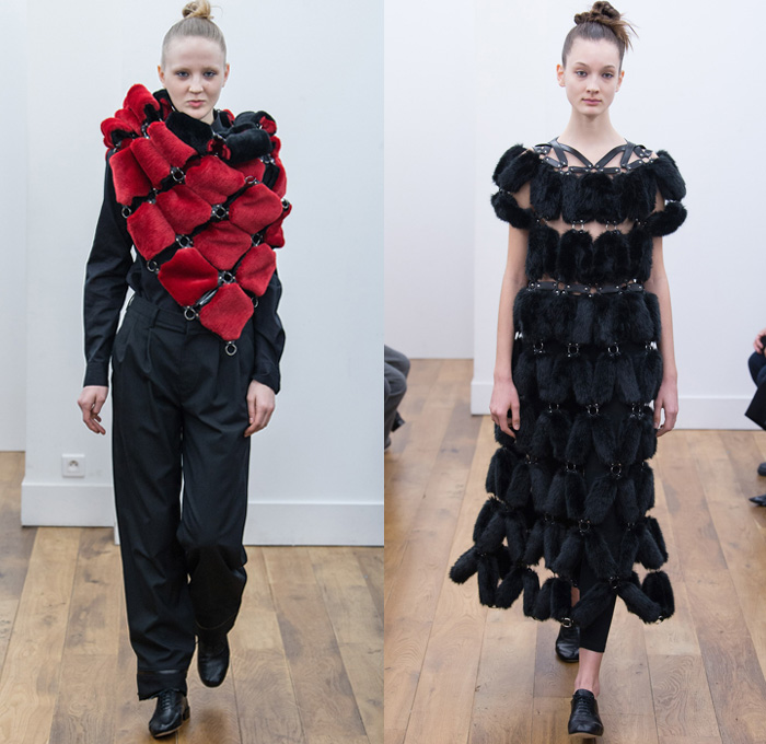 Noir Kei Ninomiya 2017-2018 Fall Autumn Winter Womens Runway Catwalk Looks - Mode à Paris Fashion Week Mode Féminin France - Scarlet Red Modular Chain Link Ring Rivet Belts Straps Mesh Lattice Plush Fur Dimensional Structural Organic Shape Sculptural Floral Flower Bud Trompe L'oeil Ruffles Zigzag Sheer Chiffon Velvet Jacquard Quilted Waffle Long Sleeve Blouse Silk Satin Accordion Pleats Skirt Frock Leggings Hanging Sleeve Oversized Outerwear Coat Bell Shape Ribbons Bomber Jacket Pinafore Dress Embroidery Decorated Bedazzled Vest Waistcoat Shawl Beetle Wings Rocket Wingsuit