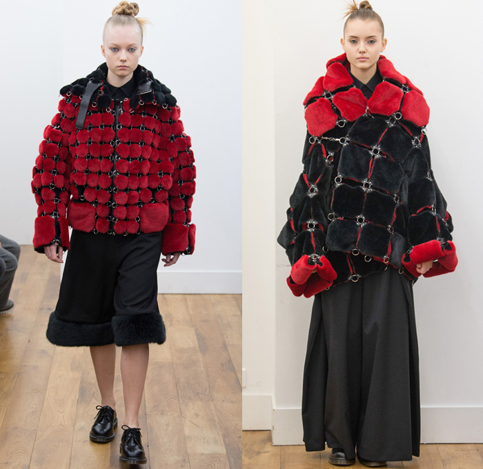 Noir Kei Ninomiya 2017-2018 Fall Autumn Winter Womens Runway Catwalk Looks - Mode à Paris Fashion Week Mode Féminin France - Scarlet Red Modular Chain Link Ring Rivet Belts Straps Mesh Lattice Plush Fur Dimensional Structural Organic Shape Sculptural Floral Flower Bud Trompe L'oeil Ruffles Zigzag Sheer Chiffon Velvet Jacquard Quilted Waffle Long Sleeve Blouse Silk Satin Accordion Pleats Skirt Frock Leggings Hanging Sleeve Oversized Outerwear Coat Bell Shape Ribbons Bomber Jacket Pinafore Dress Embroidery Decorated Bedazzled Vest Waistcoat Shawl Beetle Wings Rocket Wingsuit