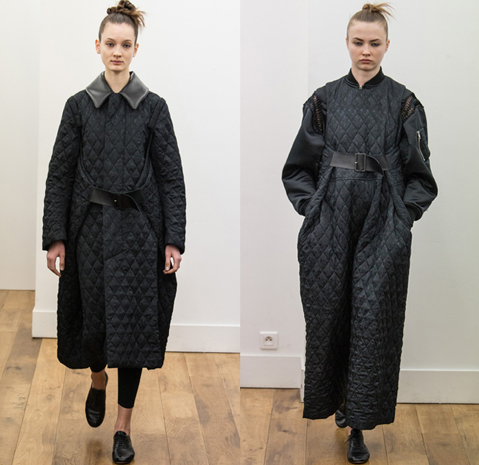 Noir Kei Ninomiya 2017-2018 Fall Autumn Winter Womens Runway Catwalk Looks - Mode à Paris Fashion Week Mode Féminin France - Scarlet Red Modular Chain Link Ring Rivet Belts Straps Mesh Lattice Plush Fur Dimensional Structural Organic Shape Sculptural Floral Flower Bud Trompe L'oeil Ruffles Zigzag Sheer Chiffon Velvet Jacquard Quilted Waffle Long Sleeve Blouse Silk Satin Accordion Pleats Skirt Frock Leggings Hanging Sleeve Oversized Outerwear Coat Bell Shape Ribbons Bomber Jacket Pinafore Dress Embroidery Decorated Bedazzled Vest Waistcoat Shawl Beetle Wings Rocket Wingsuit