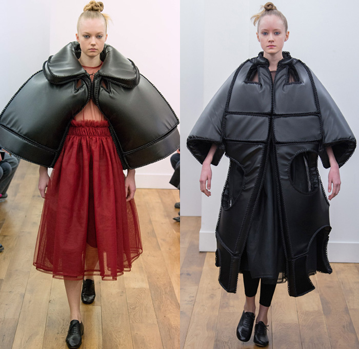 Noir Kei Ninomiya 2017-2018 Fall Autumn Winter Womens Runway Catwalk Looks - Mode à Paris Fashion Week Mode Féminin France - Scarlet Red Modular Chain Link Ring Rivet Belts Straps Mesh Lattice Plush Fur Dimensional Structural Organic Shape Sculptural Floral Flower Bud Trompe L'oeil Ruffles Zigzag Sheer Chiffon Velvet Jacquard Quilted Waffle Long Sleeve Blouse Silk Satin Accordion Pleats Skirt Frock Leggings Hanging Sleeve Oversized Outerwear Coat Bell Shape Ribbons Bomber Jacket Pinafore Dress Embroidery Decorated Bedazzled Vest Waistcoat Shawl Beetle Wings Rocket Wingsuit