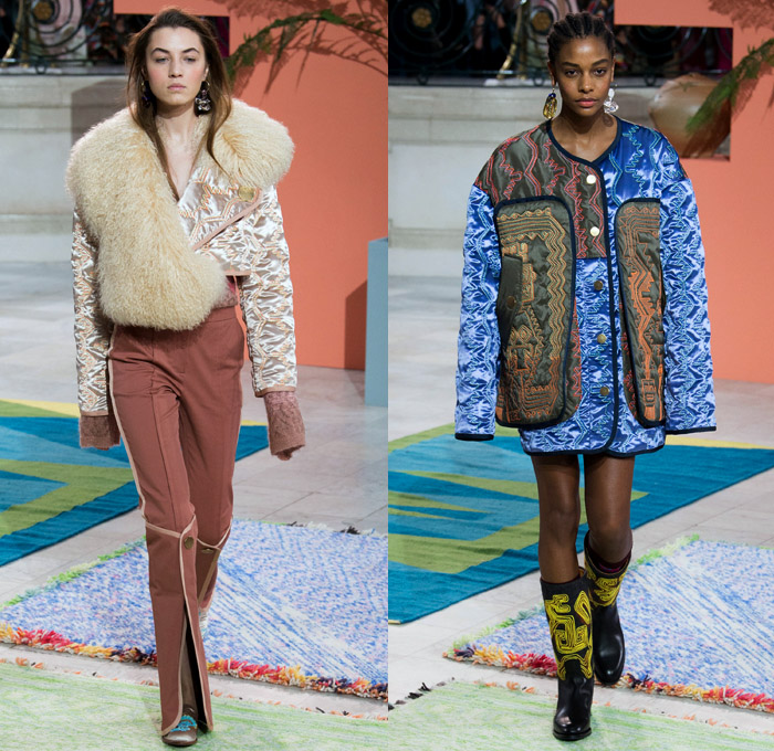 Peter Pilotto 2017-2018 Fall Autumn Winter Womens Runway Catwalk Looks - London Fashion Week Collections British Fashion Council UK United Kingdom - Quilted Waffle Puffer Outerwear Coat Parka Shaggy Plush Fur Patchwork Hypnotic Stitch Velvet Knit Jumper Sweaterdress Lace One Shoulder Shawl Cutout Shoulders Bell Sleeves Buttoned Hem Elongated Sleeves Decorative Art Tribal Ethnic Folk Embroidery Boots Galoshes Zippers Cargo Pockets Scarf Silk Satin Ombre Gradient Asymmetrical Hem Sheer Chiffon Leaves Foliage Tiered Decorated Bedazzled Maxi Dress Fringes High Slit Glass Earrings