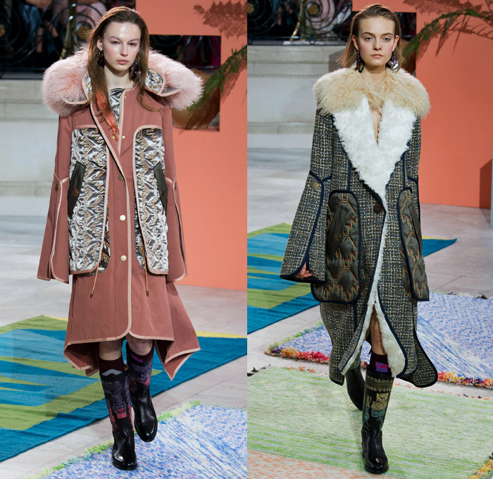 Peter Pilotto 2017-2018 Fall Autumn Winter Womens Runway Catwalk Looks - London Fashion Week Collections British Fashion Council UK United Kingdom - Quilted Waffle Puffer Outerwear Coat Parka Shaggy Plush Fur Patchwork Hypnotic Stitch Velvet Knit Jumper Sweaterdress Lace One Shoulder Shawl Cutout Shoulders Bell Sleeves Buttoned Hem Elongated Sleeves Decorative Art Tribal Ethnic Folk Embroidery Boots Galoshes Zippers Cargo Pockets Scarf Silk Satin Ombre Gradient Asymmetrical Hem Sheer Chiffon Leaves Foliage Tiered Decorated Bedazzled Maxi Dress Fringes High Slit Glass Earrings