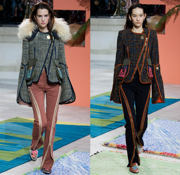 Peter Pilotto 2017-2018 Fall Autumn Winter Womens Runway Catwalk Looks - London Fashion Week Collections British Fashion Council UK United Kingdom - Quilted Waffle Puffer Outerwear Coat Parka Shaggy Plush Fur Patchwork Hypnotic Stitch Velvet Knit Jumper Sweaterdress Lace One Shoulder Shawl Cutout Shoulders Bell Sleeves Buttoned Hem Elongated Sleeves Decorative Art Tribal Ethnic Folk Embroidery Boots Galoshes Zippers Cargo Pockets Scarf Silk Satin Ombre Gradient Asymmetrical Hem Sheer Chiffon Leaves Foliage Tiered Decorated Bedazzled Maxi Dress Fringes High Slit Glass Earrings