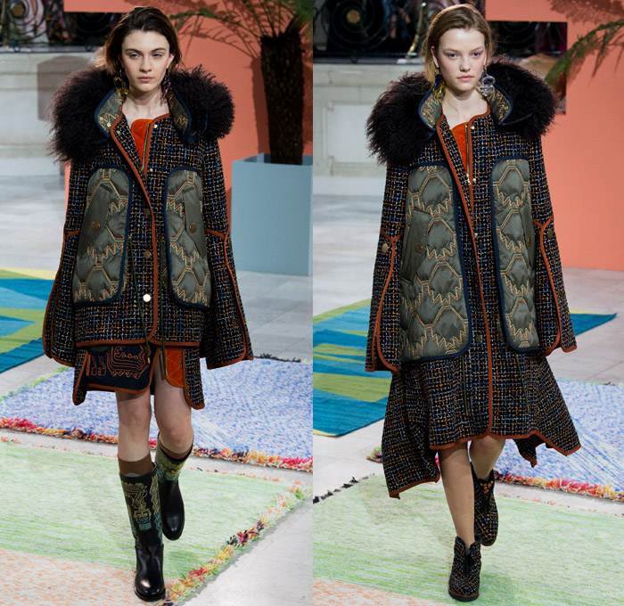 Peter Pilotto 2017-2018 Fall Autumn Winter Womens Runway Catwalk Looks - London Fashion Week Collections British Fashion Council UK United Kingdom - Quilted Waffle Puffer Outerwear Coat Parka Shaggy Plush Fur Patchwork Hypnotic Stitch Velvet Knit Jumper Sweaterdress Lace One Shoulder Shawl Cutout Shoulders Bell Sleeves Buttoned Hem Elongated Sleeves Decorative Art Tribal Ethnic Folk Embroidery Boots Galoshes Zippers Cargo Pockets Scarf Silk Satin Ombre Gradient Asymmetrical Hem Sheer Chiffon Leaves Foliage Tiered Decorated Bedazzled Maxi Dress Fringes High Slit Glass Earrings