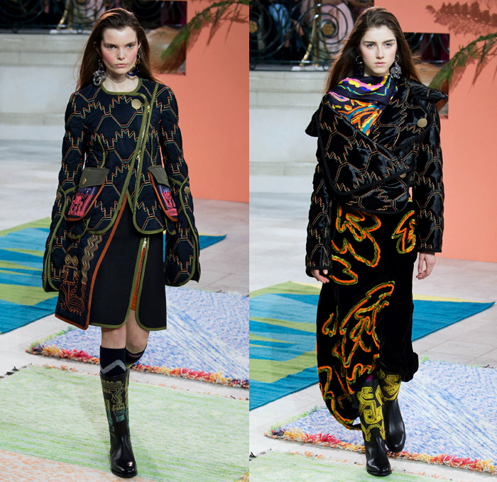 Peter Pilotto 2017-2018 Fall Autumn Winter Womens Runway Catwalk Looks - London Fashion Week Collections British Fashion Council UK United Kingdom - Quilted Waffle Puffer Outerwear Coat Parka Shaggy Plush Fur Patchwork Hypnotic Stitch Velvet Knit Jumper Sweaterdress Lace One Shoulder Shawl Cutout Shoulders Bell Sleeves Buttoned Hem Elongated Sleeves Decorative Art Tribal Ethnic Folk Embroidery Boots Galoshes Zippers Cargo Pockets Scarf Silk Satin Ombre Gradient Asymmetrical Hem Sheer Chiffon Leaves Foliage Tiered Decorated Bedazzled Maxi Dress Fringes High Slit Glass Earrings