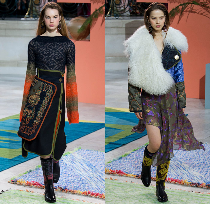 Peter Pilotto 2017-2018 Fall Autumn Winter Womens Runway Catwalk Looks - London Fashion Week Collections British Fashion Council UK United Kingdom - Quilted Waffle Puffer Outerwear Coat Parka Shaggy Plush Fur Patchwork Hypnotic Stitch Velvet Knit Jumper Sweaterdress Lace One Shoulder Shawl Cutout Shoulders Bell Sleeves Buttoned Hem Elongated Sleeves Decorative Art Tribal Ethnic Folk Embroidery Boots Galoshes Zippers Cargo Pockets Scarf Silk Satin Ombre Gradient Asymmetrical Hem Sheer Chiffon Leaves Foliage Tiered Decorated Bedazzled Maxi Dress Fringes High Slit Glass Earrings