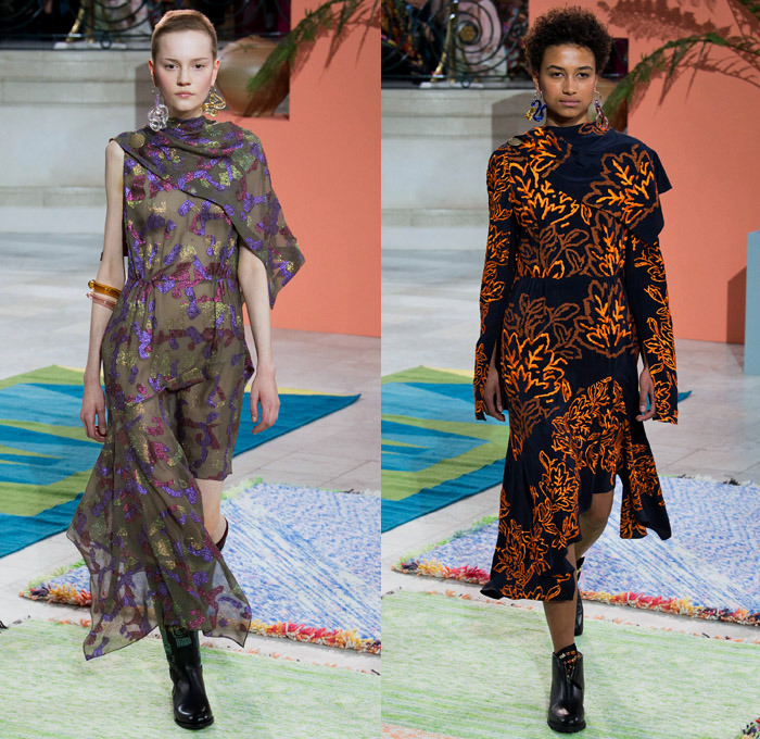 Peter Pilotto 2017-2018 Fall Autumn Winter Womens Runway Catwalk Looks - London Fashion Week Collections British Fashion Council UK United Kingdom - Quilted Waffle Puffer Outerwear Coat Parka Shaggy Plush Fur Patchwork Hypnotic Stitch Velvet Knit Jumper Sweaterdress Lace One Shoulder Shawl Cutout Shoulders Bell Sleeves Buttoned Hem Elongated Sleeves Decorative Art Tribal Ethnic Folk Embroidery Boots Galoshes Zippers Cargo Pockets Scarf Silk Satin Ombre Gradient Asymmetrical Hem Sheer Chiffon Leaves Foliage Tiered Decorated Bedazzled Maxi Dress Fringes High Slit Glass Earrings