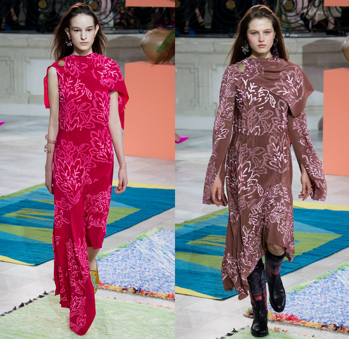 Peter Pilotto 2017-2018 Fall Autumn Winter Womens Runway Catwalk Looks - London Fashion Week Collections British Fashion Council UK United Kingdom - Quilted Waffle Puffer Outerwear Coat Parka Shaggy Plush Fur Patchwork Hypnotic Stitch Velvet Knit Jumper Sweaterdress Lace One Shoulder Shawl Cutout Shoulders Bell Sleeves Buttoned Hem Elongated Sleeves Decorative Art Tribal Ethnic Folk Embroidery Boots Galoshes Zippers Cargo Pockets Scarf Silk Satin Ombre Gradient Asymmetrical Hem Sheer Chiffon Leaves Foliage Tiered Decorated Bedazzled Maxi Dress Fringes High Slit Glass Earrings