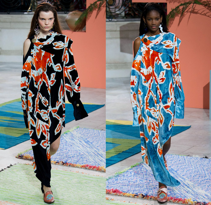 Peter Pilotto 2017-2018 Fall Autumn Winter Womens Runway Catwalk Looks - London Fashion Week Collections British Fashion Council UK United Kingdom - Quilted Waffle Puffer Outerwear Coat Parka Shaggy Plush Fur Patchwork Hypnotic Stitch Velvet Knit Jumper Sweaterdress Lace One Shoulder Shawl Cutout Shoulders Bell Sleeves Buttoned Hem Elongated Sleeves Decorative Art Tribal Ethnic Folk Embroidery Boots Galoshes Zippers Cargo Pockets Scarf Silk Satin Ombre Gradient Asymmetrical Hem Sheer Chiffon Leaves Foliage Tiered Decorated Bedazzled Maxi Dress Fringes High Slit Glass Earrings