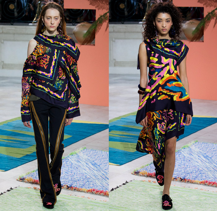 Peter Pilotto 2017-2018 Fall Autumn Winter Womens Runway Catwalk Looks - London Fashion Week Collections British Fashion Council UK United Kingdom - Quilted Waffle Puffer Outerwear Coat Parka Shaggy Plush Fur Patchwork Hypnotic Stitch Velvet Knit Jumper Sweaterdress Lace One Shoulder Shawl Cutout Shoulders Bell Sleeves Buttoned Hem Elongated Sleeves Decorative Art Tribal Ethnic Folk Embroidery Boots Galoshes Zippers Cargo Pockets Scarf Silk Satin Ombre Gradient Asymmetrical Hem Sheer Chiffon Leaves Foliage Tiered Decorated Bedazzled Maxi Dress Fringes High Slit Glass Earrings