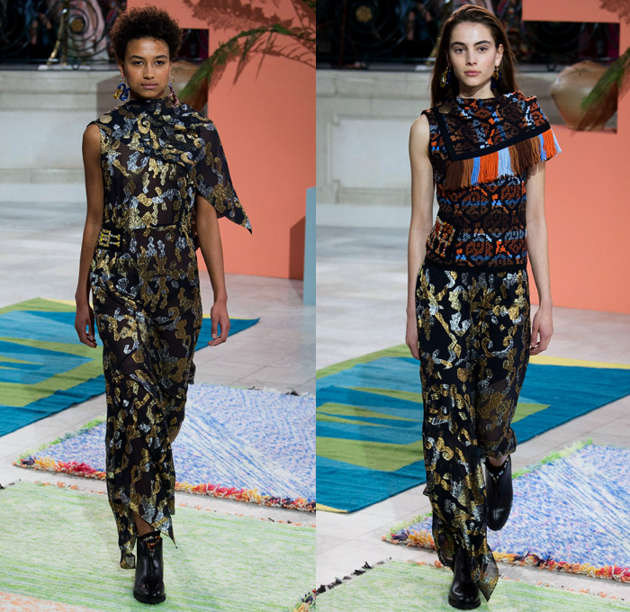 Peter Pilotto 2017-2018 Fall Autumn Winter Womens Runway Catwalk Looks - London Fashion Week Collections British Fashion Council UK United Kingdom - Quilted Waffle Puffer Outerwear Coat Parka Shaggy Plush Fur Patchwork Hypnotic Stitch Velvet Knit Jumper Sweaterdress Lace One Shoulder Shawl Cutout Shoulders Bell Sleeves Buttoned Hem Elongated Sleeves Decorative Art Tribal Ethnic Folk Embroidery Boots Galoshes Zippers Cargo Pockets Scarf Silk Satin Ombre Gradient Asymmetrical Hem Sheer Chiffon Leaves Foliage Tiered Decorated Bedazzled Maxi Dress Fringes High Slit Glass Earrings