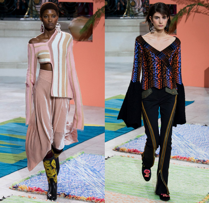 Peter Pilotto 2017-2018 Fall Autumn Winter Womens Runway Catwalk Looks - London Fashion Week Collections British Fashion Council UK United Kingdom - Quilted Waffle Puffer Outerwear Coat Parka Shaggy Plush Fur Patchwork Hypnotic Stitch Velvet Knit Jumper Sweaterdress Lace One Shoulder Shawl Cutout Shoulders Bell Sleeves Buttoned Hem Elongated Sleeves Decorative Art Tribal Ethnic Folk Embroidery Boots Galoshes Zippers Cargo Pockets Scarf Silk Satin Ombre Gradient Asymmetrical Hem Sheer Chiffon Leaves Foliage Tiered Decorated Bedazzled Maxi Dress Fringes High Slit Glass Earrings