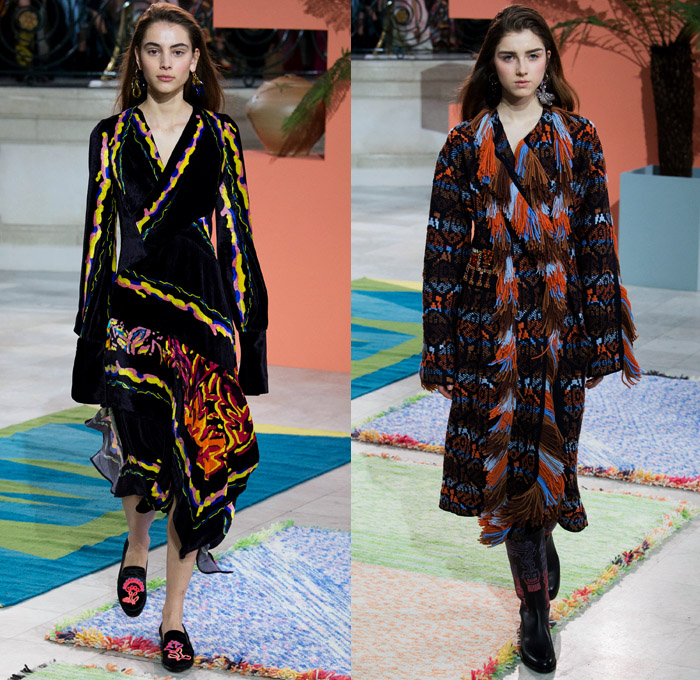 Peter Pilotto 2017-2018 Fall Autumn Winter Womens Runway Catwalk Looks - London Fashion Week Collections British Fashion Council UK United Kingdom - Quilted Waffle Puffer Outerwear Coat Parka Shaggy Plush Fur Patchwork Hypnotic Stitch Velvet Knit Jumper Sweaterdress Lace One Shoulder Shawl Cutout Shoulders Bell Sleeves Buttoned Hem Elongated Sleeves Decorative Art Tribal Ethnic Folk Embroidery Boots Galoshes Zippers Cargo Pockets Scarf Silk Satin Ombre Gradient Asymmetrical Hem Sheer Chiffon Leaves Foliage Tiered Decorated Bedazzled Maxi Dress Fringes High Slit Glass Earrings