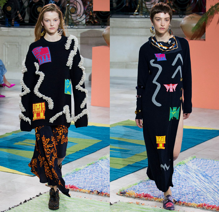 Peter Pilotto 2017-2018 Fall Autumn Winter Womens Runway Catwalk Looks - London Fashion Week Collections British Fashion Council UK United Kingdom - Quilted Waffle Puffer Outerwear Coat Parka Shaggy Plush Fur Patchwork Hypnotic Stitch Velvet Knit Jumper Sweaterdress Lace One Shoulder Shawl Cutout Shoulders Bell Sleeves Buttoned Hem Elongated Sleeves Decorative Art Tribal Ethnic Folk Embroidery Boots Galoshes Zippers Cargo Pockets Scarf Silk Satin Ombre Gradient Asymmetrical Hem Sheer Chiffon Leaves Foliage Tiered Decorated Bedazzled Maxi Dress Fringes High Slit Glass Earrings