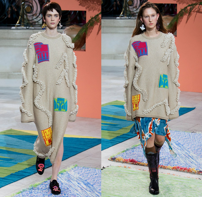 Peter Pilotto 2017-2018 Fall Autumn Winter Womens Runway Catwalk Looks - London Fashion Week Collections British Fashion Council UK United Kingdom - Quilted Waffle Puffer Outerwear Coat Parka Shaggy Plush Fur Patchwork Hypnotic Stitch Velvet Knit Jumper Sweaterdress Lace One Shoulder Shawl Cutout Shoulders Bell Sleeves Buttoned Hem Elongated Sleeves Decorative Art Tribal Ethnic Folk Embroidery Boots Galoshes Zippers Cargo Pockets Scarf Silk Satin Ombre Gradient Asymmetrical Hem Sheer Chiffon Leaves Foliage Tiered Decorated Bedazzled Maxi Dress Fringes High Slit Glass Earrings