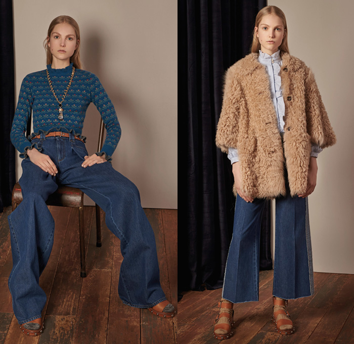 Red Valentino 2017-2018 Fall Winter Womens Lookbook Presentation - Denim Jeans Flare Bell Bottom Wide Leg Frayed Raw Hem Knit Sweater Jumper Pullover Flowers Floral Print Graphic Pattern Motif Outerwear Coat Shaggy Plush Fur Collar Ruffles Blouse Maxi Peasant Dress Ornamental Decorative Art Eye Embroidery Decorated Trompe L'oeil Sheer Chiffon Tulle Silk Tiered Skirt Belted Waist Lace Needlework Bedazzled Metallic Studs Sequins Accordion Pleats Slim Pants Grandma Chic Necklace Hand Pendant Socks With Sandals Trainers Hi-Tops Purse Clutch Snake Strap