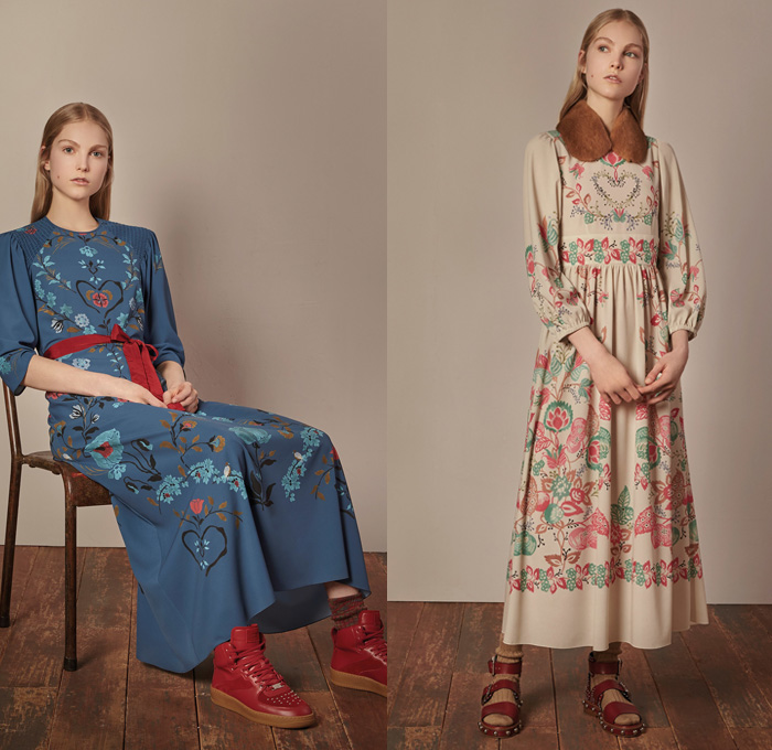 Red Valentino 2017-2018 Fall Winter Womens Lookbook Presentation - Denim Jeans Flare Bell Bottom Wide Leg Frayed Raw Hem Knit Sweater Jumper Pullover Flowers Floral Print Graphic Pattern Motif Outerwear Coat Shaggy Plush Fur Collar Ruffles Blouse Maxi Peasant Dress Ornamental Decorative Art Eye Embroidery Decorated Trompe L'oeil Sheer Chiffon Tulle Silk Tiered Skirt Belted Waist Lace Needlework Bedazzled Metallic Studs Sequins Accordion Pleats Slim Pants Grandma Chic Necklace Hand Pendant Socks With Sandals Trainers Hi-Tops Purse Clutch Snake Strap