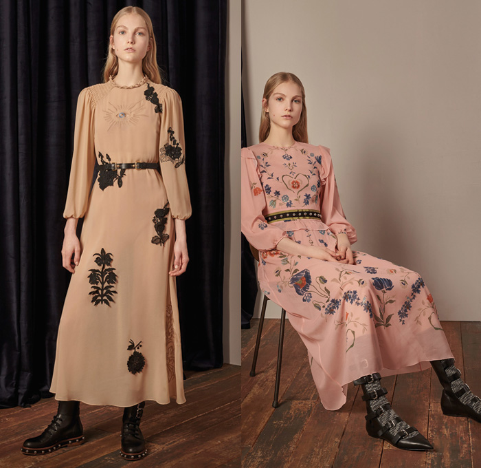 Red Valentino 2017-2018 Fall Winter Womens Lookbook Presentation - Denim Jeans Flare Bell Bottom Wide Leg Frayed Raw Hem Knit Sweater Jumper Pullover Flowers Floral Print Graphic Pattern Motif Outerwear Coat Shaggy Plush Fur Collar Ruffles Blouse Maxi Peasant Dress Ornamental Decorative Art Eye Embroidery Decorated Trompe L'oeil Sheer Chiffon Tulle Silk Tiered Skirt Belted Waist Lace Needlework Bedazzled Metallic Studs Sequins Accordion Pleats Slim Pants Grandma Chic Necklace Hand Pendant Socks With Sandals Trainers Hi-Tops Purse Clutch Snake Strap