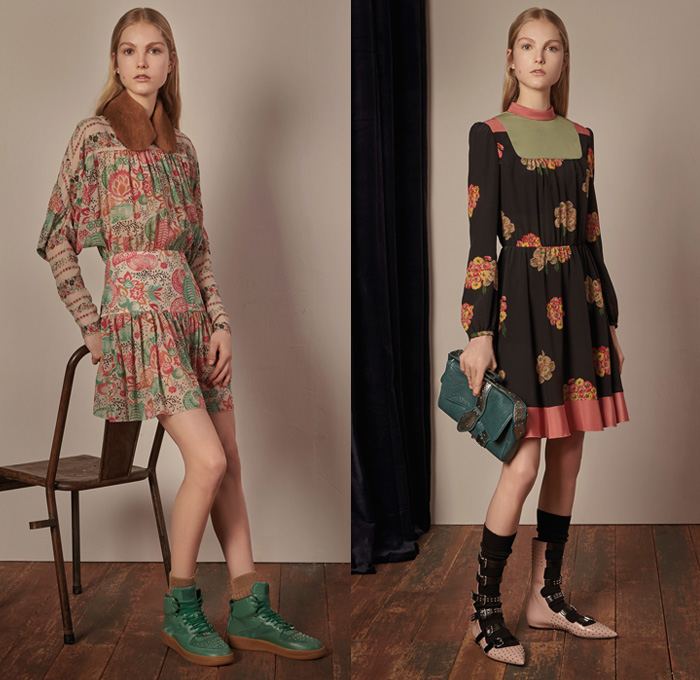 Red Valentino 2017-2018 Fall Winter Womens Lookbook Presentation - Denim Jeans Flare Bell Bottom Wide Leg Frayed Raw Hem Knit Sweater Jumper Pullover Flowers Floral Print Graphic Pattern Motif Outerwear Coat Shaggy Plush Fur Collar Ruffles Blouse Maxi Peasant Dress Ornamental Decorative Art Eye Embroidery Decorated Trompe L'oeil Sheer Chiffon Tulle Silk Tiered Skirt Belted Waist Lace Needlework Bedazzled Metallic Studs Sequins Accordion Pleats Slim Pants Grandma Chic Necklace Hand Pendant Socks With Sandals Trainers Hi-Tops Purse Clutch Snake Strap