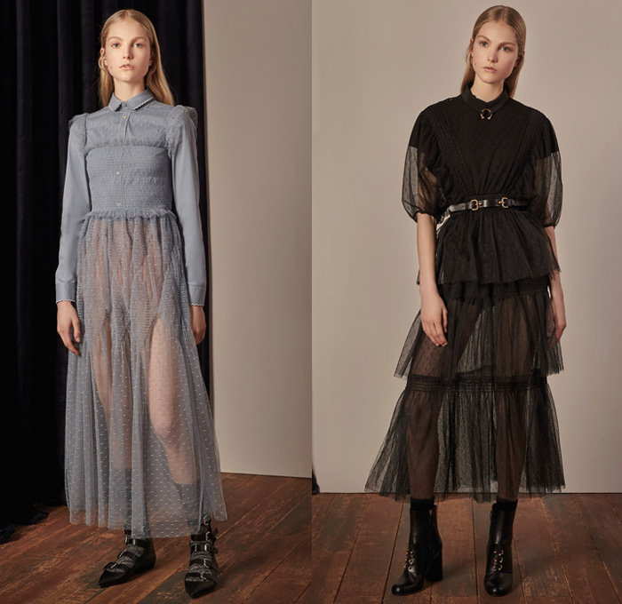 Red Valentino 2017-2018 Fall Winter Womens Lookbook Presentation - Denim Jeans Flare Bell Bottom Wide Leg Frayed Raw Hem Knit Sweater Jumper Pullover Flowers Floral Print Graphic Pattern Motif Outerwear Coat Shaggy Plush Fur Collar Ruffles Blouse Maxi Peasant Dress Ornamental Decorative Art Eye Embroidery Decorated Trompe L'oeil Sheer Chiffon Tulle Silk Tiered Skirt Belted Waist Lace Needlework Bedazzled Metallic Studs Sequins Accordion Pleats Slim Pants Grandma Chic Necklace Hand Pendant Socks With Sandals Trainers Hi-Tops Purse Clutch Snake Strap