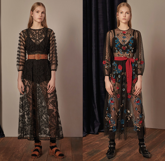 Red Valentino 2017-2018 Fall Winter Womens Lookbook Presentation - Denim Jeans Flare Bell Bottom Wide Leg Frayed Raw Hem Knit Sweater Jumper Pullover Flowers Floral Print Graphic Pattern Motif Outerwear Coat Shaggy Plush Fur Collar Ruffles Blouse Maxi Peasant Dress Ornamental Decorative Art Eye Embroidery Decorated Trompe L'oeil Sheer Chiffon Tulle Silk Tiered Skirt Belted Waist Lace Needlework Bedazzled Metallic Studs Sequins Accordion Pleats Slim Pants Grandma Chic Necklace Hand Pendant Socks With Sandals Trainers Hi-Tops Purse Clutch Snake Strap