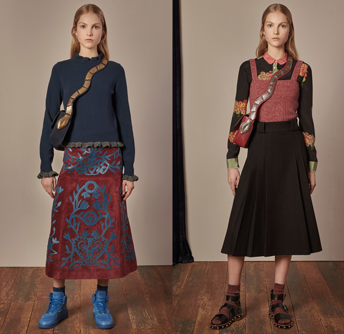 Red Valentino 2017-2018 Fall Winter Womens Lookbook Presentation - Denim Jeans Flare Bell Bottom Wide Leg Frayed Raw Hem Knit Sweater Jumper Pullover Flowers Floral Print Graphic Pattern Motif Outerwear Coat Shaggy Plush Fur Collar Ruffles Blouse Maxi Peasant Dress Ornamental Decorative Art Eye Embroidery Decorated Trompe L'oeil Sheer Chiffon Tulle Silk Tiered Skirt Belted Waist Lace Needlework Bedazzled Metallic Studs Sequins Accordion Pleats Slim Pants Grandma Chic Necklace Hand Pendant Socks With Sandals Trainers Hi-Tops Purse Clutch Snake Strap