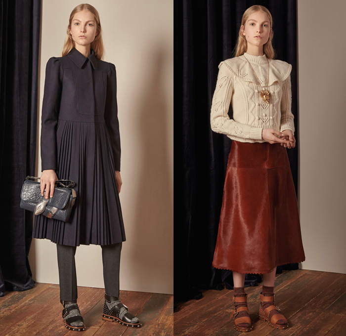 Red Valentino 2017-2018 Fall Winter Womens Lookbook Presentation - Denim Jeans Flare Bell Bottom Wide Leg Frayed Raw Hem Knit Sweater Jumper Pullover Flowers Floral Print Graphic Pattern Motif Outerwear Coat Shaggy Plush Fur Collar Ruffles Blouse Maxi Peasant Dress Ornamental Decorative Art Eye Embroidery Decorated Trompe L'oeil Sheer Chiffon Tulle Silk Tiered Skirt Belted Waist Lace Needlework Bedazzled Metallic Studs Sequins Accordion Pleats Slim Pants Grandma Chic Necklace Hand Pendant Socks With Sandals Trainers Hi-Tops Purse Clutch Snake Strap