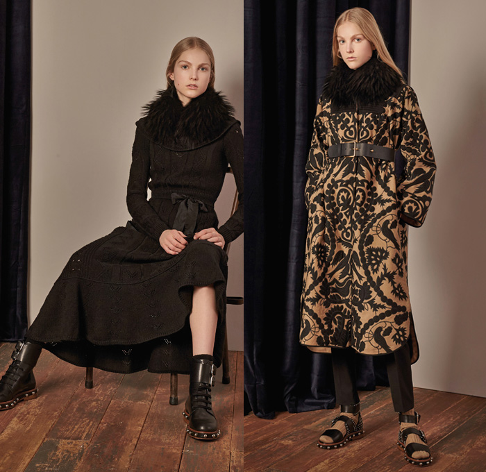 Red Valentino 2017-2018 Fall Winter Womens Lookbook Presentation - Denim Jeans Flare Bell Bottom Wide Leg Frayed Raw Hem Knit Sweater Jumper Pullover Flowers Floral Print Graphic Pattern Motif Outerwear Coat Shaggy Plush Fur Collar Ruffles Blouse Maxi Peasant Dress Ornamental Decorative Art Eye Embroidery Decorated Trompe L'oeil Sheer Chiffon Tulle Silk Tiered Skirt Belted Waist Lace Needlework Bedazzled Metallic Studs Sequins Accordion Pleats Slim Pants Grandma Chic Necklace Hand Pendant Socks With Sandals Trainers Hi-Tops Purse Clutch Snake Strap