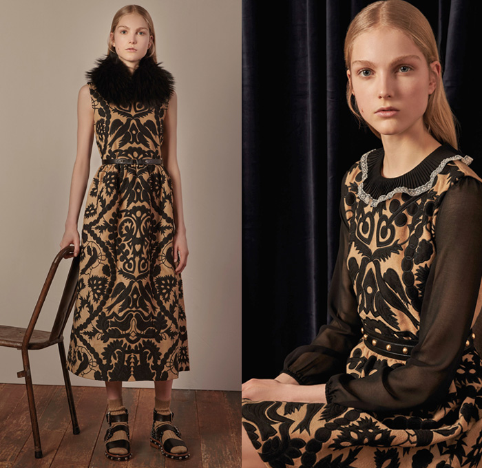 Red Valentino 2017-2018 Fall Winter Womens Lookbook Presentation - Denim Jeans Flare Bell Bottom Wide Leg Frayed Raw Hem Knit Sweater Jumper Pullover Flowers Floral Print Graphic Pattern Motif Outerwear Coat Shaggy Plush Fur Collar Ruffles Blouse Maxi Peasant Dress Ornamental Decorative Art Eye Embroidery Decorated Trompe L'oeil Sheer Chiffon Tulle Silk Tiered Skirt Belted Waist Lace Needlework Bedazzled Metallic Studs Sequins Accordion Pleats Slim Pants Grandma Chic Necklace Hand Pendant Socks With Sandals Trainers Hi-Tops Purse Clutch Snake Strap