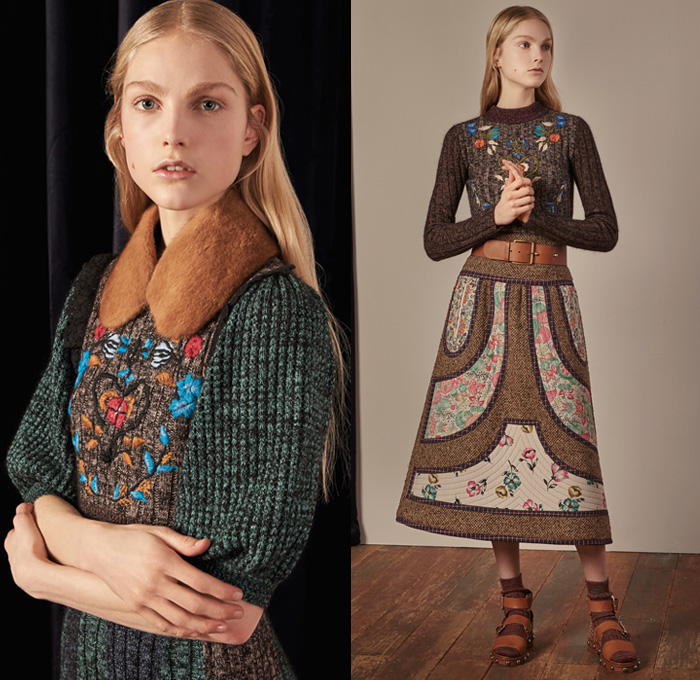 Red Valentino 2017-2018 Fall Winter Womens Lookbook Presentation - Denim Jeans Flare Bell Bottom Wide Leg Frayed Raw Hem Knit Sweater Jumper Pullover Flowers Floral Print Graphic Pattern Motif Outerwear Coat Shaggy Plush Fur Collar Ruffles Blouse Maxi Peasant Dress Ornamental Decorative Art Eye Embroidery Decorated Trompe L'oeil Sheer Chiffon Tulle Silk Tiered Skirt Belted Waist Lace Needlework Bedazzled Metallic Studs Sequins Accordion Pleats Slim Pants Grandma Chic Necklace Hand Pendant Socks With Sandals Trainers Hi-Tops Purse Clutch Snake Strap