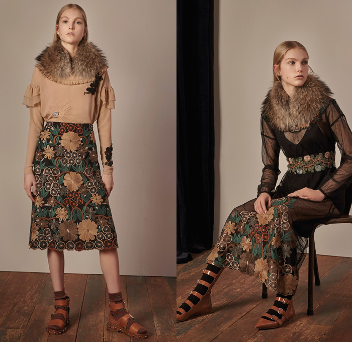 Red Valentino 2017-2018 Fall Winter Womens Lookbook Presentation - Denim Jeans Flare Bell Bottom Wide Leg Frayed Raw Hem Knit Sweater Jumper Pullover Flowers Floral Print Graphic Pattern Motif Outerwear Coat Shaggy Plush Fur Collar Ruffles Blouse Maxi Peasant Dress Ornamental Decorative Art Eye Embroidery Decorated Trompe L'oeil Sheer Chiffon Tulle Silk Tiered Skirt Belted Waist Lace Needlework Bedazzled Metallic Studs Sequins Accordion Pleats Slim Pants Grandma Chic Necklace Hand Pendant Socks With Sandals Trainers Hi-Tops Purse Clutch Snake Strap