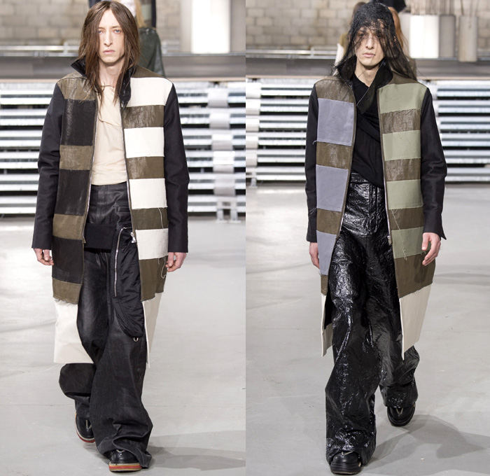 Rick Owens 2017-2018 Fall Autumn Winter Mens Runway Show Catwalk Looks - Mode à Paris Fashion Week Mode Masculine France - Glitter Bulb Twist Pillow Volume Strapped Sculptural Soft Fluffy Outerwear Coat Parka Poncho Cloak Cape Stripes Quilted Waffle Puffer Down Jacket Elongated Sleeves Vest Waistcoat Colorblock Asymmetrical Hem One Sided Duffle Side Pocket Jacket Bag Drapery Leather Sweater Jumper Tied Up Restrained Wrap Bound Sleeping Bag Nylon Waxed Coated Denim Jeans Frayed Raw Hem Wide Leg Trousers Creases Wrinkles Belt Bag Cargo Pockets Hair Net Mesh