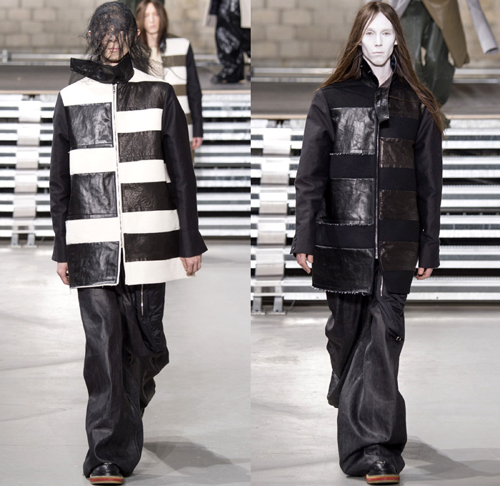 Rick Owens 2017-2018 Fall Autumn Winter Mens Runway Show Catwalk Looks - Mode à Paris Fashion Week Mode Masculine France - Glitter Bulb Twist Pillow Volume Strapped Sculptural Soft Fluffy Outerwear Coat Parka Poncho Cloak Cape Stripes Quilted Waffle Puffer Down Jacket Elongated Sleeves Vest Waistcoat Colorblock Asymmetrical Hem One Sided Duffle Side Pocket Jacket Bag Drapery Leather Sweater Jumper Tied Up Restrained Wrap Bound Sleeping Bag Nylon Waxed Coated Denim Jeans Frayed Raw Hem Wide Leg Trousers Creases Wrinkles Belt Bag Cargo Pockets Hair Net Mesh